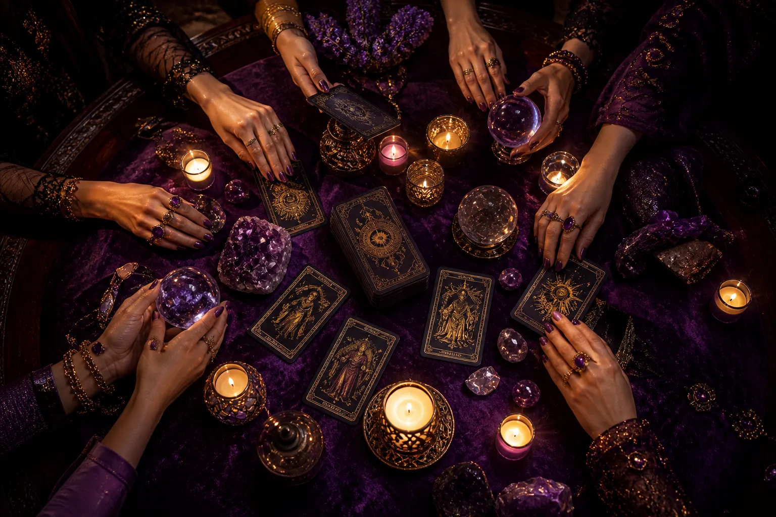 Équipe de voyants - tarot et cristaux sur table de consultation